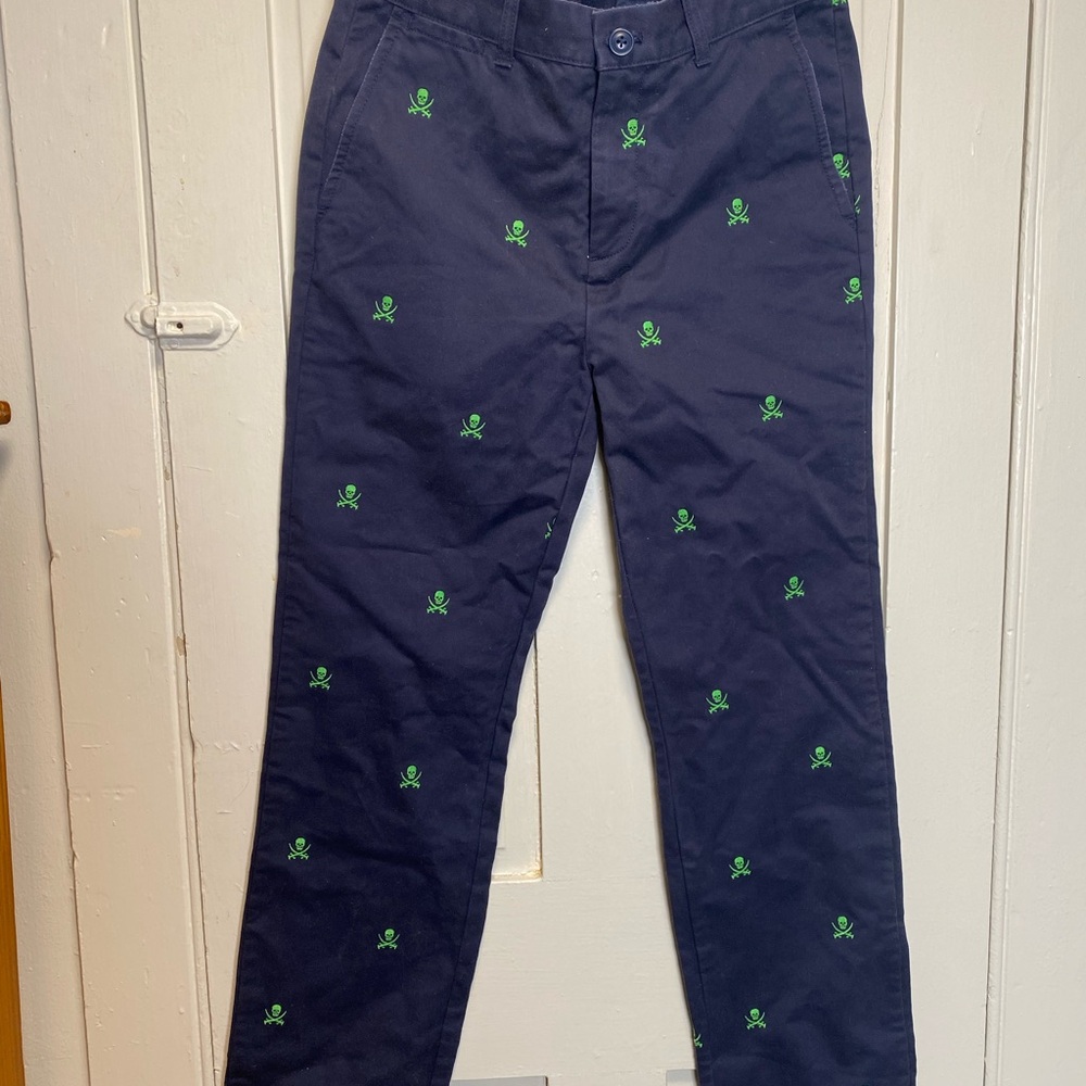 Navy Pants with Green Skull & Crossbones Embroidery